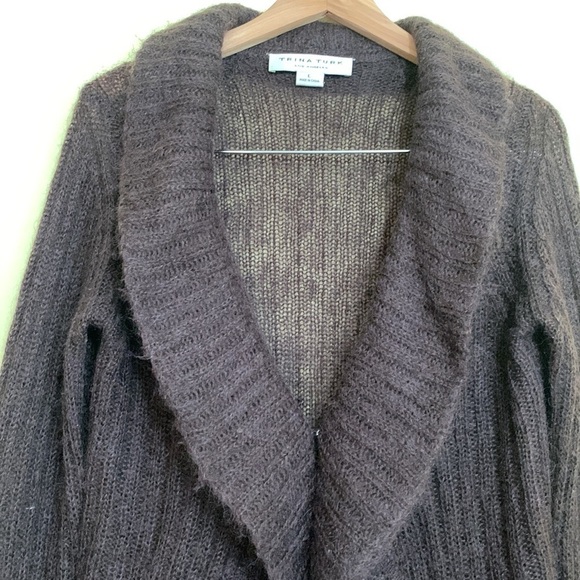 Trina Turk | Merlot Mohair Shawl Collar Bell Sleeve Ribbed Knit Cardigan L - Picture 3 of 17